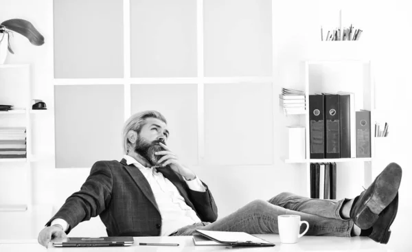 stock image Working day. CEO has to be moral leader of company. Manager solving business problems. Businessman in charge successful business solutions. Developing business strategy. Man bearded boss sit office.