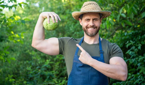 Uomo Greengrocer Cappello Paglia Che Punta Dito Sulla Verdura Cavolo — Foto Stock