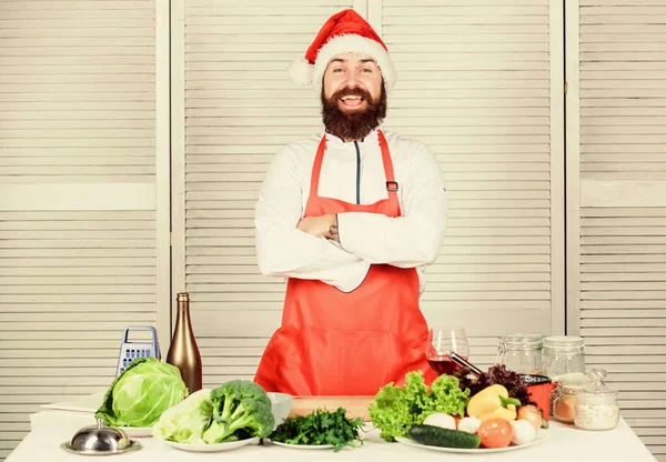 Christmas food. Cuisine culinary. Vitamin. Vegetarian salad with vegetable. Healthy food cooking. Mature hipster with beard. Happy bearded man. chef recipe. Dieting organic food. Christmas party time.