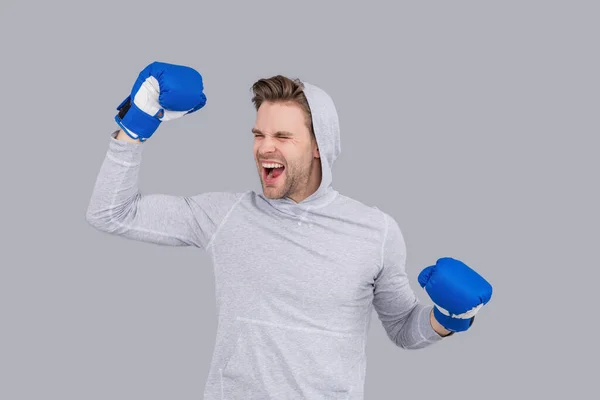 Boxer Dělá Vítězné Gesto Boxerských Rukavicích Boxer Man Šťastný Křičící — Stock fotografie