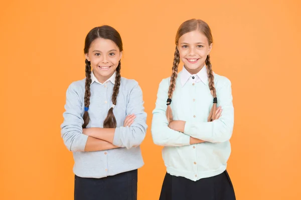 Samen Studeren Leuk Slimme Kleine Meisjes Gele Achtergrond Kennisdag Gelukkige — Stockfoto