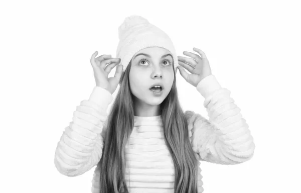 Erstaunt Kind Strickmütze Warme Kleidung Isoliert Auf Weiß Strickwaren — Stockfoto