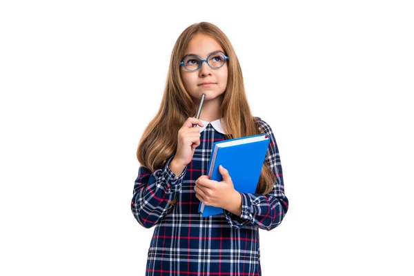 Thinking School Girl Reader Hold Diary Studio School Girl Reader — Stock Photo, Image