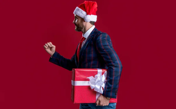 Positive Xmas Businessman Santa Present Businessman Hold Holiday Sale Present — Stock Photo, Image