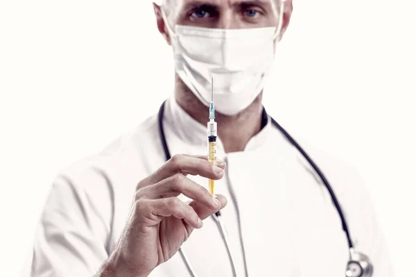 Drugslevering Wordt Slimmer Dokter Met Het Medisch Masker Houdt Spuit — Stockfoto