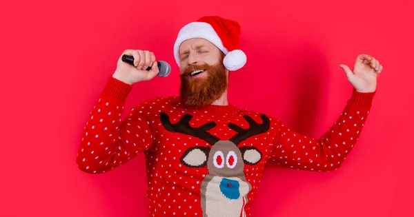 Bearded Man Santa Hat Singing Microphone Studio Isolated Red New — Stock Photo, Image
