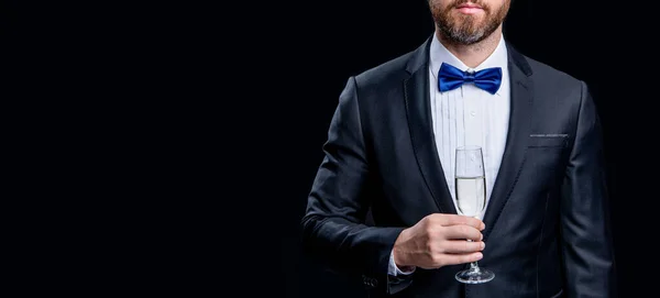 Tuxedo Man Hejar Med Champagne Kopiera Utrymme Ett Foto Hejarklacksmannen — Stockfoto