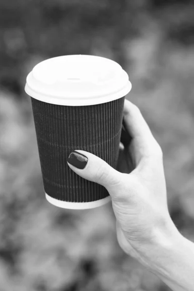 Female Hand Hold Morning Coffee Cup Colorful Background Takeaway — стоковое фото