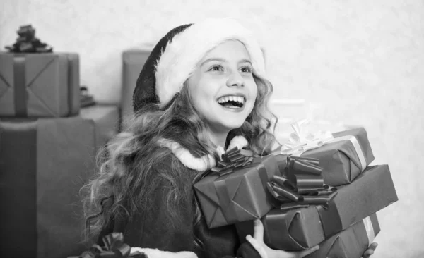 Unpacking Christmas Gift Kid Excited Christmas Present Winter Miracle Girl — Stock Photo, Image