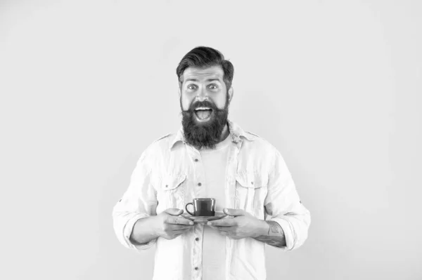 Amazed Cheerful Hipster Beard Holding Coffee Cup Yellow Background Morning — 图库照片
