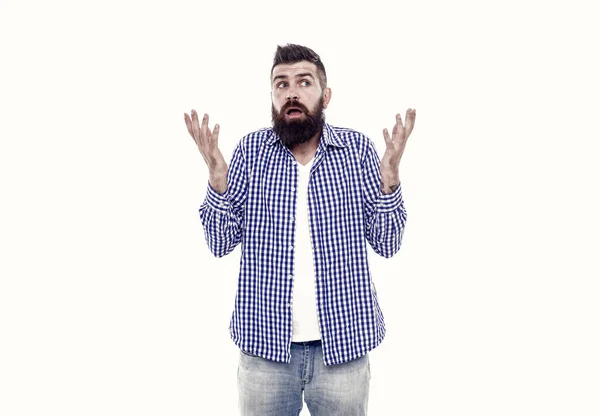 Puzzled Bearded Man Casual Checkered Shirt Having Problem Isolated White — 스톡 사진