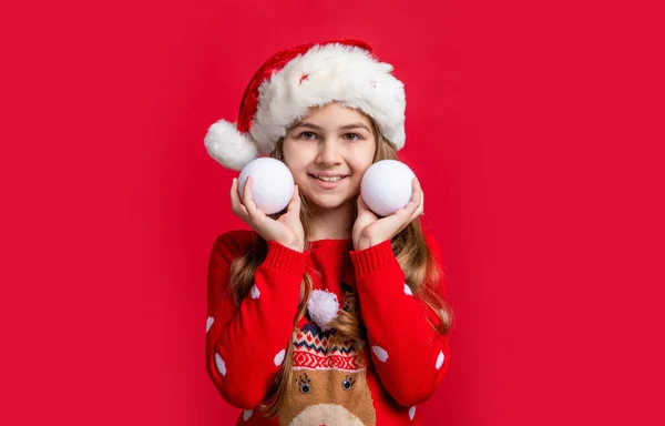 Cheerful Teen Girl Wear Sweater Hold Christmas Snowball Merry Christmas — Stock Photo, Image