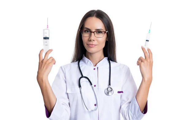 Orvos Fogja Meg Injekciós Fecskendő Tűjét Orvos Fecskendővel Orvos Fehér — Stock Fotó