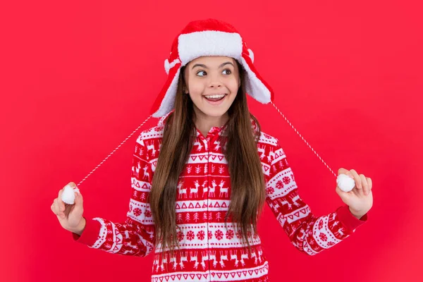 Feliz Natal Espantado Adolescente Menina Vermelho Xmas Santa Chapéu Estúdio — Fotografia de Stock