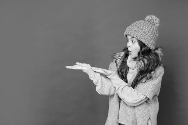女模特 穿针织物的少女 穿着保暖衣服的孩子的肖像 表达积极的情感 冬季时尚 在复制空间上展示产品 头发卷曲戴帽子的孩子很惊讶 — 图库照片