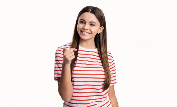 Genç Kızların Moda Tarzı Tişört Parmakla Gösterilir Güzel Bir Kızın — Stok fotoğraf
