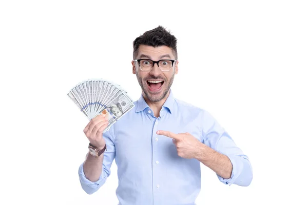 Happy Smiling Man Pointing Finger Paper Money Studio Making Money — Stock Photo, Image