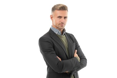 Olgun bir adamın portresi beyaz arka planda izole edilmiş harika bir stile sahiptir. Ceketli olgun bir adam. Olgun adamın stüdyo fotoğrafı. Yakışıklı, olgun bir adam..