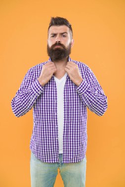 Papyon olduğunu tahmin edebiliyorum. Sakal moda ve Kuaför kavramı. Adam hipster sakal sarı arka plan sakallı. Kuaför ipuçları sakal korumak. Sakal bıyık bakım. Hippi görünümü. Duygusal ifade.