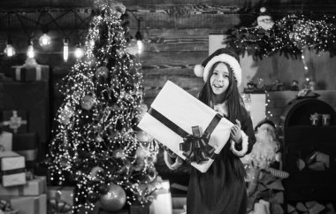 Mucize zamanı. Sevgiyi yayın. Aralık aktiviteleri. Güzel ambalaj. Mutluluk ve neşe. Çocuk mutlu, heyecanlı bir kız ve Noel ağacının yanında hediyeler. Mutlu noeller. Mutlu çocukluk kavramı. Çocuk Noel Baba.