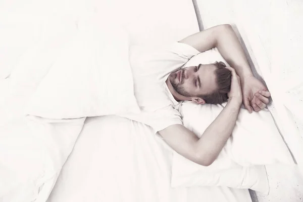 Tips Promoting Healthful Sleep Habits Handsome Man Relaxing Bed Establish — Stock Photo, Image