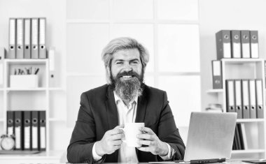 Tazelenmiş hissediyorum. İş adamı şık günlük kıyafetler giyiyor. Yakışıklı adam kahve içer. Ofiste duran bir iş adamının portresi. Bilgisayardaki profesyonel bilgisayar işadamı üzerinde çalışıyor..