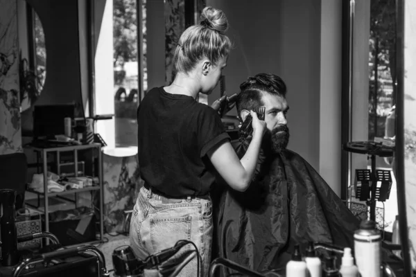 barbershop. male trendy hairdo. perfect haircut with blade razor. barber master cut hair. mature hipster with beard at hairdresser. brutal hipster making new hairstyle. Close up of man shaving.
