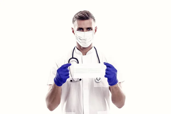 Solunum Maskesi Takan Koronavirüs Salgını Sırasında Ameliyat Eldiveni Takan Steteskoplu — Stok fotoğraf