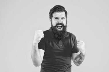 Kızgın bağıran erkek portresi. Sakallı, olgun bir hippi. Bıyıklı, vahşi beyaz adam. Sarı arka planda kendine güvenen ve yakışıklı sakallı bir adam. saç ve sakal bakımı.