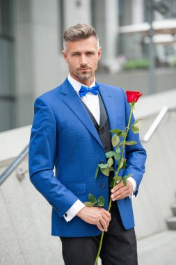Smokinli şık bir adam. Smokin giymiş, papyonlu bir adam. Aşk gülü olan yakışıklı smokin adam..
