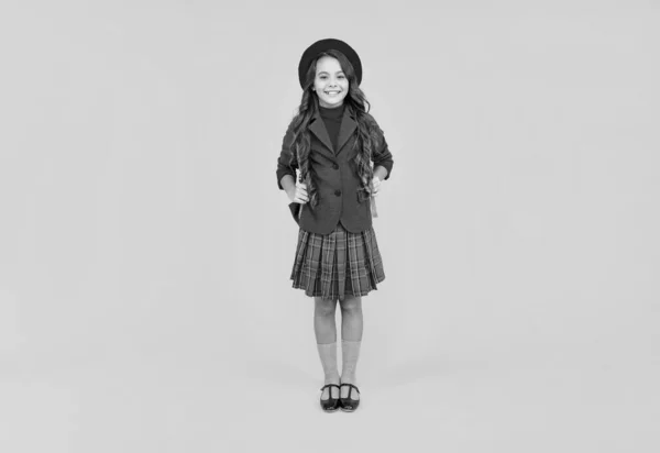 Smiling Child School Uniform Beret Full Length Yellow Background Schoolgirl — Stockfoto