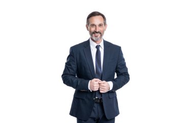 Beyaz arka planda izole edilmiş neşeli olgun iş adamı. Stüdyoda takım elbiseli bir iş adamı. Profesyonel iş adamının fotoğrafı. Takım elbiseli Kafkas işadamı.