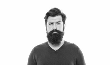 Kendine güvenen ve bıyıklı yakışıklı bir adam. Erkek modası. Erkek güzelliği. Sakallı adam portresi. Sakallı olgun bir adam. Saç ve sakal bakımı. hipster beyaz üzerine izole.