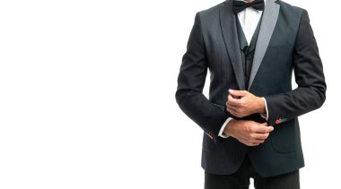 Papyon takım elbiseli olgun bir adam. İşadamı beyaz arka planda kopya alanı ile izole edilmiş. resmi giyim konsepti.