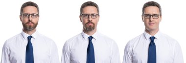 Önce ve sonra. Üç adam beyazdan önce ve sonra kirli sakal kolajı ile karşı karşıya. Adam stüdyoda önce ve sonra kirli sakal kolajı ile yüzleşiyor. Adam arka planda önce ve sonra sakallı kolaj yapıyor..