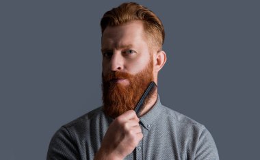 Saçlarını tarayan sakallı bir adam. Adamın stüdyoda sakalı var. Adam saç tarağıyla sakal tarıyor. Tarama ve tasarım. Sakallı adam gri arka planda sakalını tarıyor..