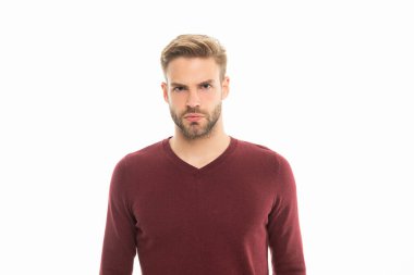 Kirli sakallı adam beyazda izole edilmiş. Stüdyoda sakallı bir adam. Arka planda sakallı bir adam. Sakallı bir adamın fotoğrafı..