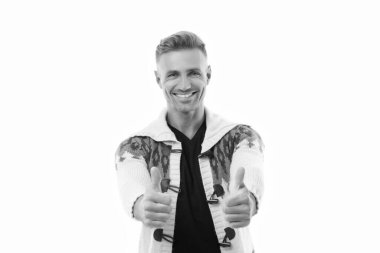 Double thumbs. Happy man give thumbs. Handsome guy show approval sign. Thumbs-ups. Hand gesture.