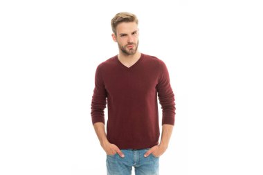 Stüdyoda sakallı beyaz bir adam. Arka planda sakalı olan adam. Sakallı saçlı adamın fotoğrafı. Kirli sakallı adam beyazda tek başına..