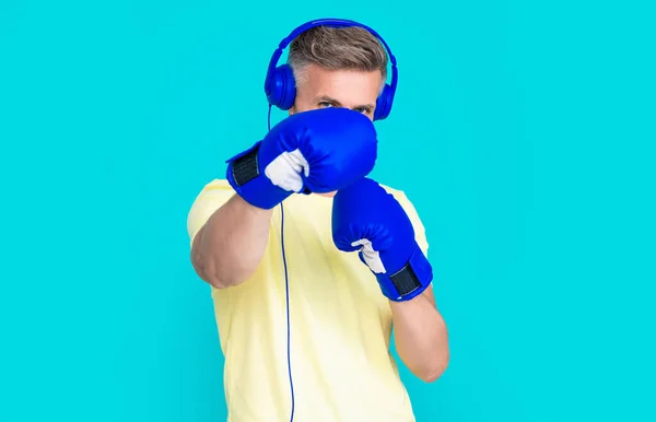 man boxer punching in sport boxing gloves isolated on blue. man boxer in sport boxing gloves at studio. man boxer in sport boxing gloves wear headphones. photo of man boxer in sport boxing gloves.