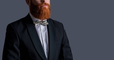 cropped view of man wearing tuxedo formalwear. tuxedo formalwear. bearded man in tuxedo formalwear isolated on grey background. man studio shot in tuxedo formalwear.