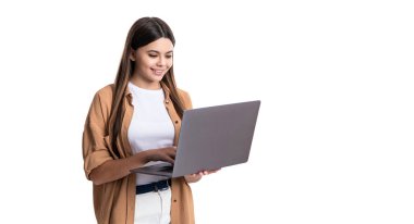 school girl use laptop for education, copy space. teen girl with pc for school education in studio. school education for girl. teen school girl has education with laptop isolated on white background.