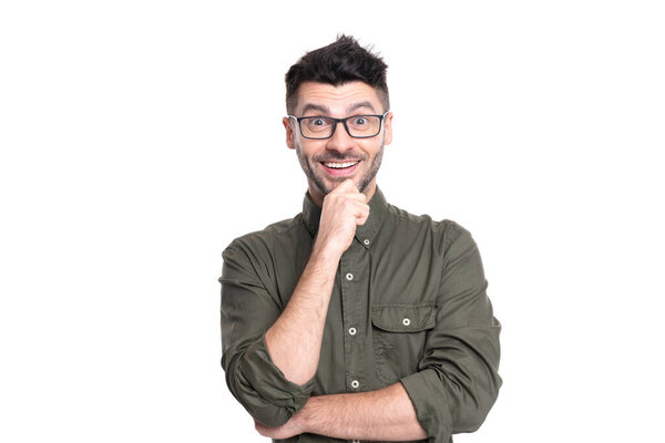 happy caucasian professional man in shirt. portrait of professional man isolated on white background. professional man portrait in studio. professional man in glasses.