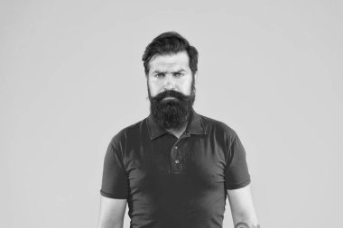 Bıyıklı, vahşi beyaz adam. Sarı arka planda kendine güvenen ve yakışıklı sakallı bir adam. Saç ve sakal bakımı. Olgun erkek portresi. Sakallı olgun hippi..