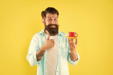 Mutlu sakallı adam sabah kahvesini içer sarı arka planda baş parmağını gösterir, kahve fincanı....