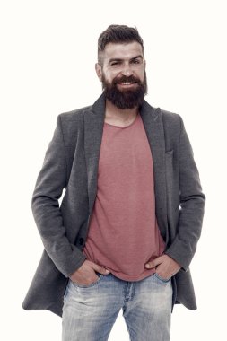 İpuçları ve hileler yakışıklı adam. Çekici ve yakışıklı. Erkek giyim ve moda konsepti. Sakallı ve yakışıklı. Sakallı hipster şık şık ceket. Adam rahat şık kıyafet giymek. Erkek gardırop.