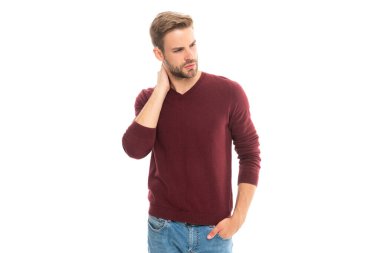 charismatic caucasian guy in studio. caucasian guy on background. photo of caucasian guy with stubble. caucasian guy isolated on white.