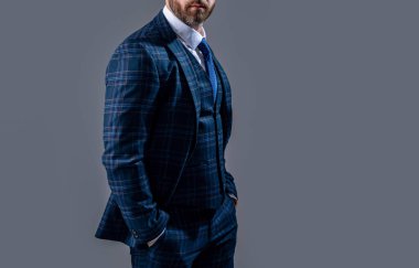 boss in formalwear isolated on grey background with copy space. boss wearing formalwear in studio. photo of boss wear formalwear. boss in formalwear suit.