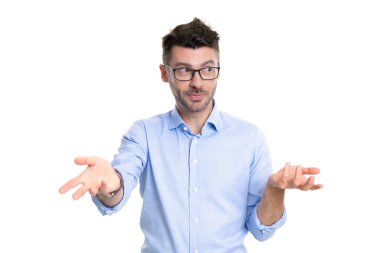 puzzled manager on background. photo of puzzled manager wear glasses. puzzled manager isolated on white. puzzled manager in studio.