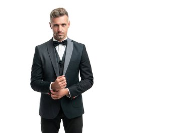 handsome man in bow tie suit. businessman isolated on white. gentleman in formal wear. copy space.